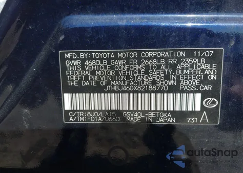 2008 Lexus Es 350 from USA, damaged, VIN JTHBJ46GX82188770